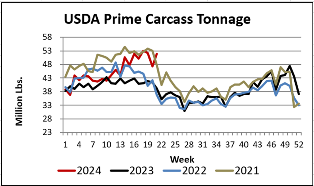 USDA Prime Carcass Tonnage 2021-2024